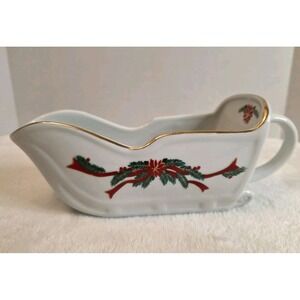 Tienshan Festive‎ Sleigh Dish Poinsettia & Ribbons Fine China (SEE DESCRIPTION)